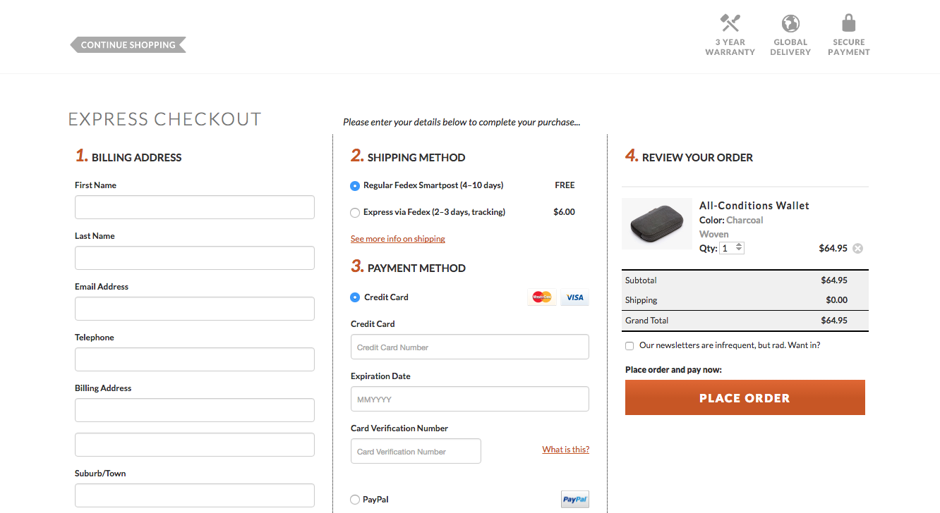 The example of one-page checkout process at Bellroy
